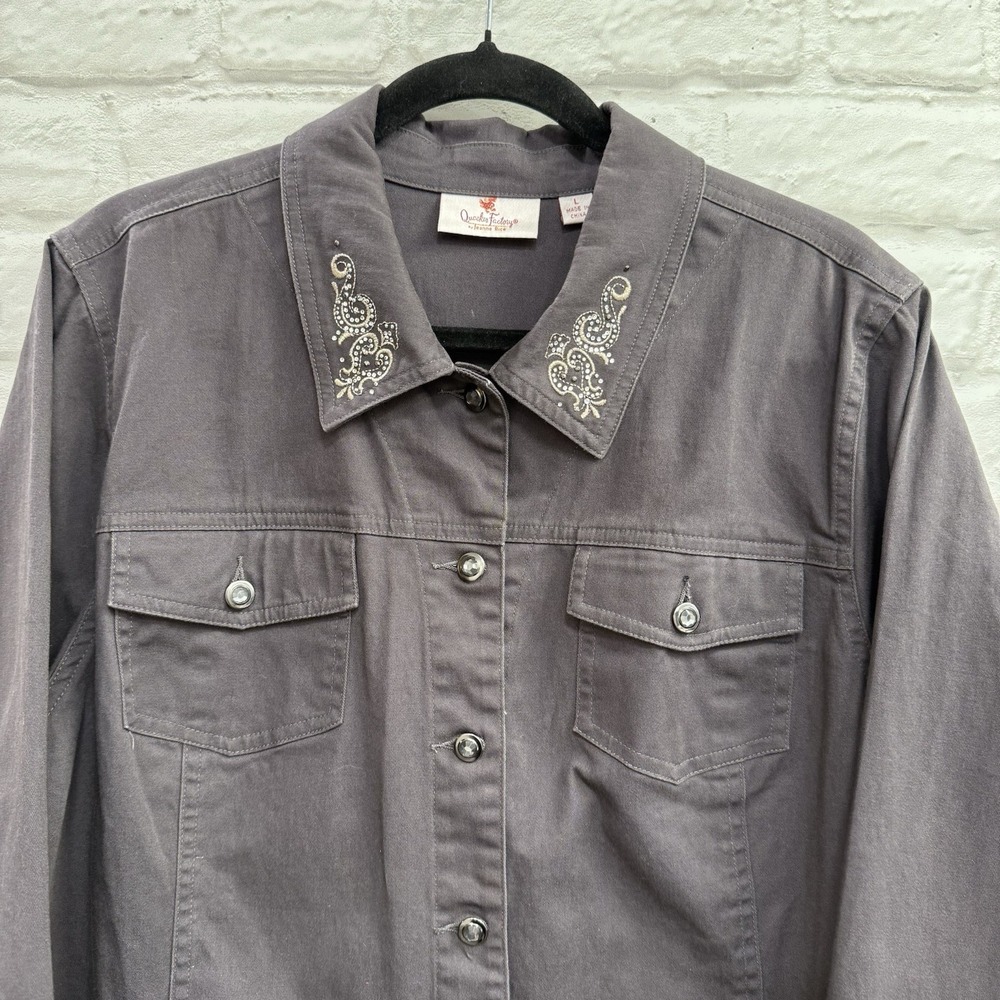 Quacker Factory Rhinestone Embellish Gray Denim Lightweight Blazer Jacket Size L